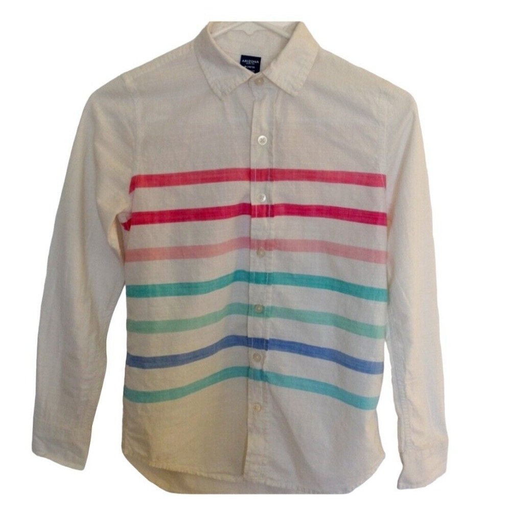 Arizona Jean Co Shirt Youth Size M 10-12 White Multicolor Stripes Button Up